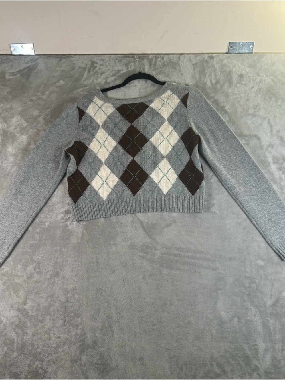 American Eagle Outfitters Cropped Argyle Button-Front Sweater - Gray/Brown/Cream - Picture 6 of 9